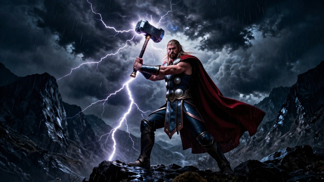 Guerrero mítico fuertemente armado se alza en una tormenta, blandiendo un martillo con relámpagos en la montaña.