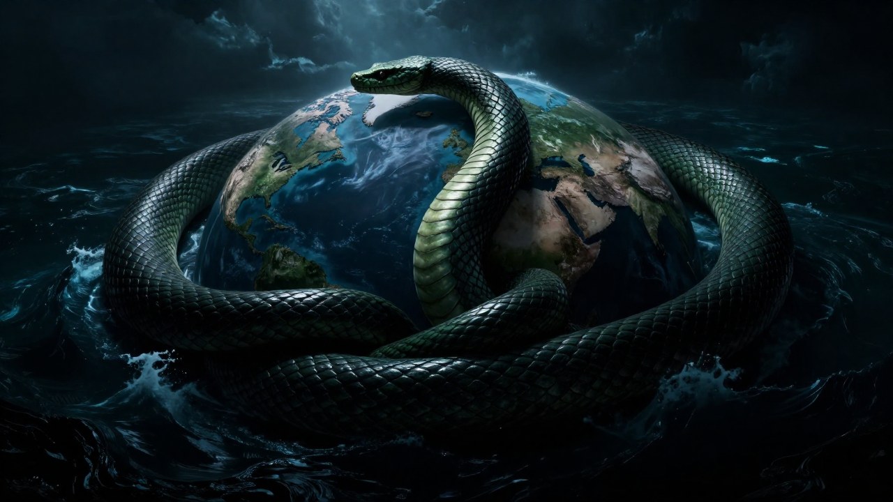 Serpiente colosal envuelve una vasta masa de tierra en un océano primordial.