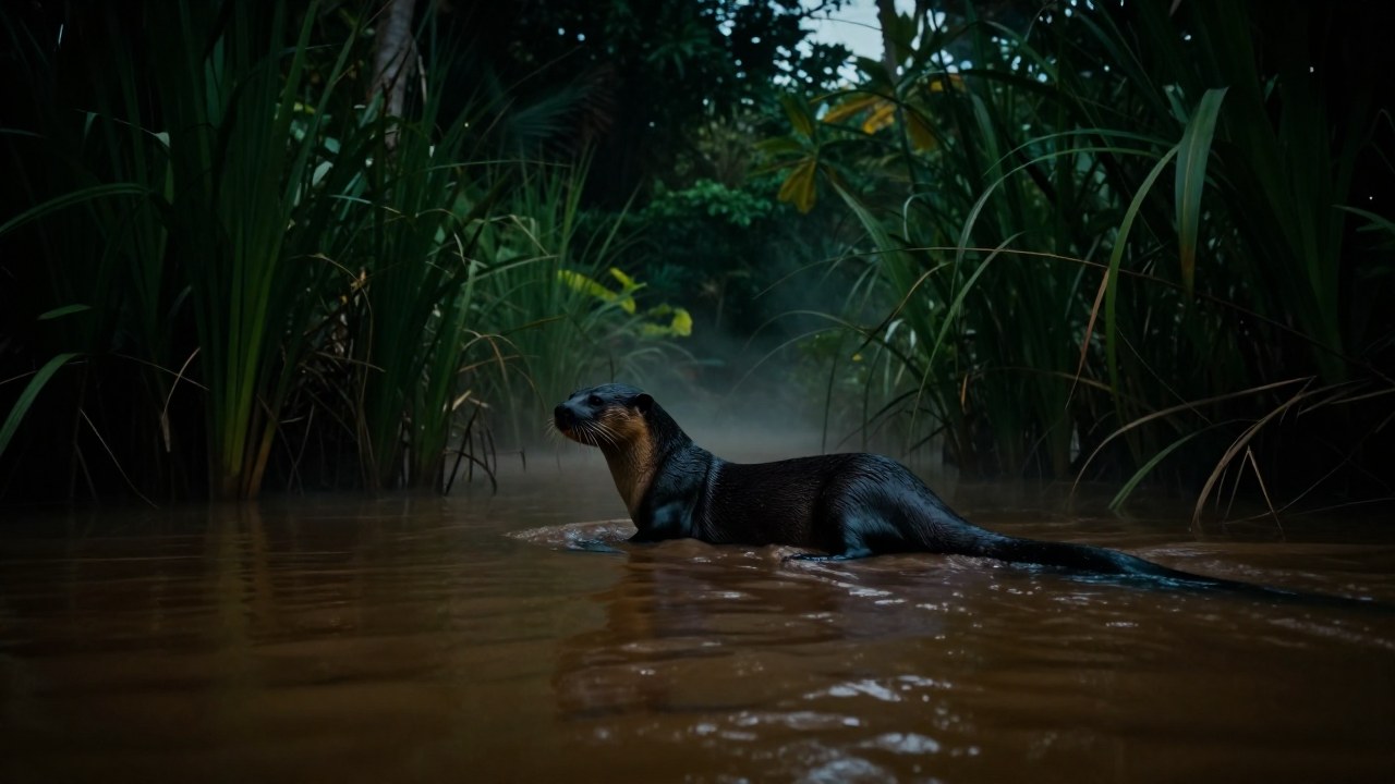 Un animal semiacuático en un humedal tropical al anochecer, sugiriendo el misterio del mítico Ahuizotl.