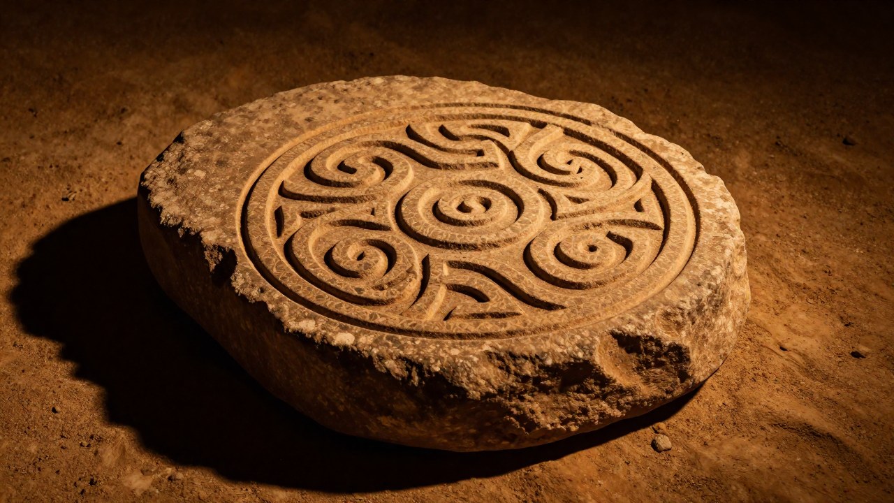 Artefacto de piedra antigua con un símbolo Triskel intrincadamente grabado en su superficie desgastada.