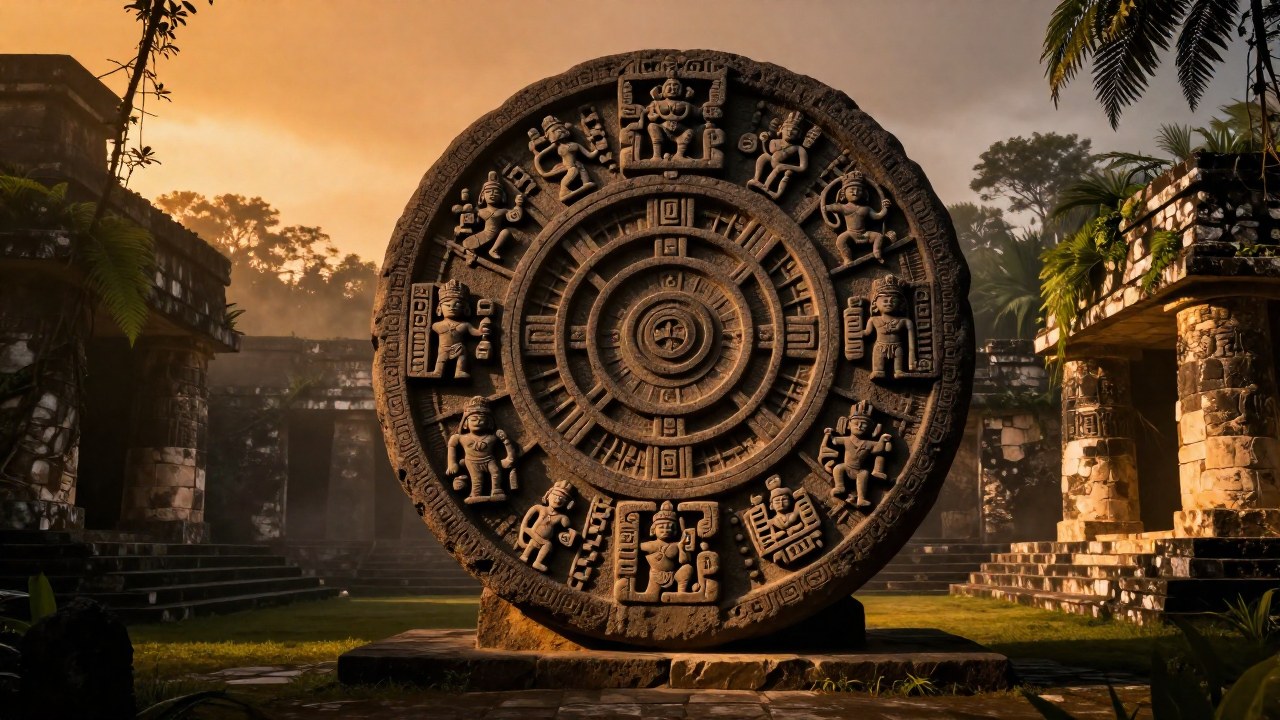 Monolito de piedra con relieves tallados en el centro de un templo mesoamericano en ruinas.