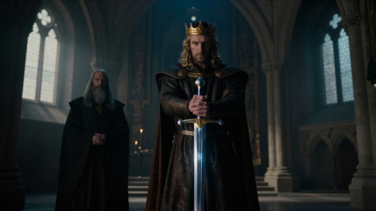 Rey Arturo sostiene la espada Excalibur en un salón medieval, mientras Merlín observa la escena.