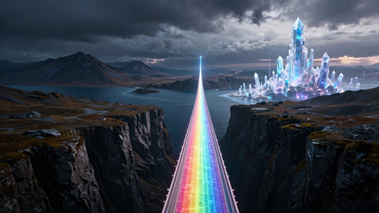 Un puente espectral enlaza un paisaje rocoso y tormentoso con un reino celestial y luminoso.
