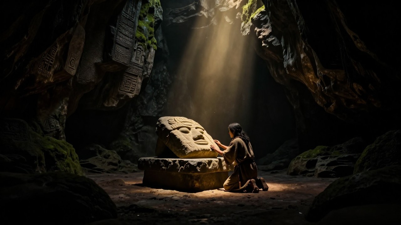 Una figura en una caverna subterránea encuentra una reliquia ancestral sobre un altar de piedra.