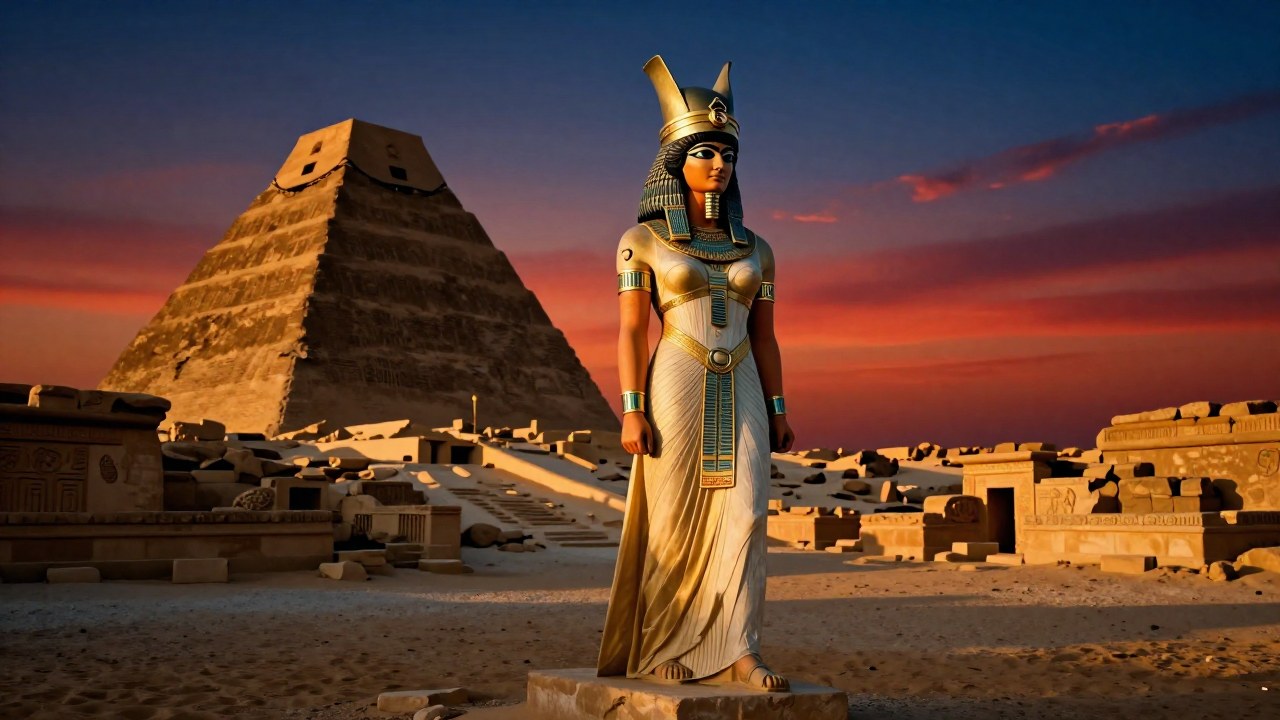 Diosa mesopotámica Ishtar de pie entre ruinas antiguas al atardecer, representando el poder de la guerra y la fertilidad.