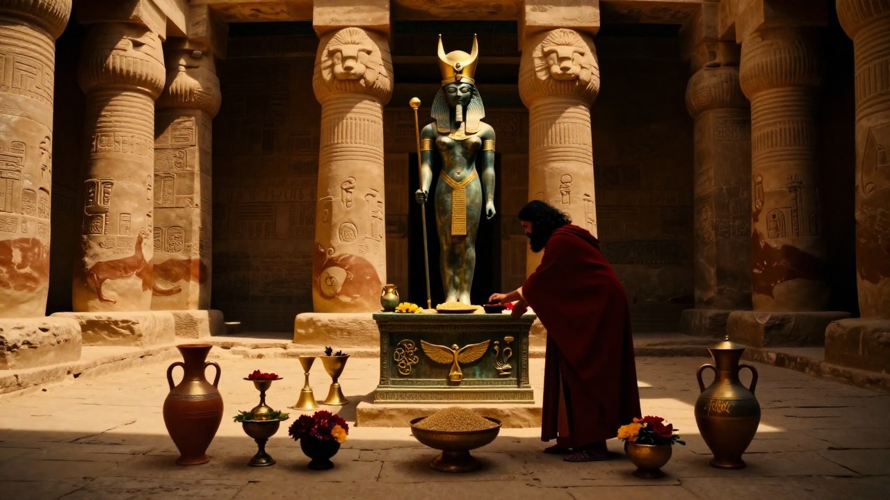 Figura con túnica realiza una ofrenda ceremonial ante el altar monumental de la diosa Ishtar en un templo mesopotámico.