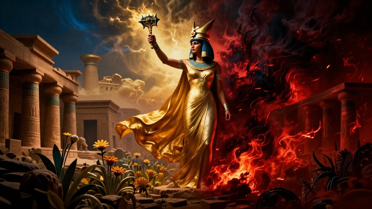 La diosa Ishtar simboliza la dualidad entre el amor y la guerra, representada por dos mitades contrastantes.