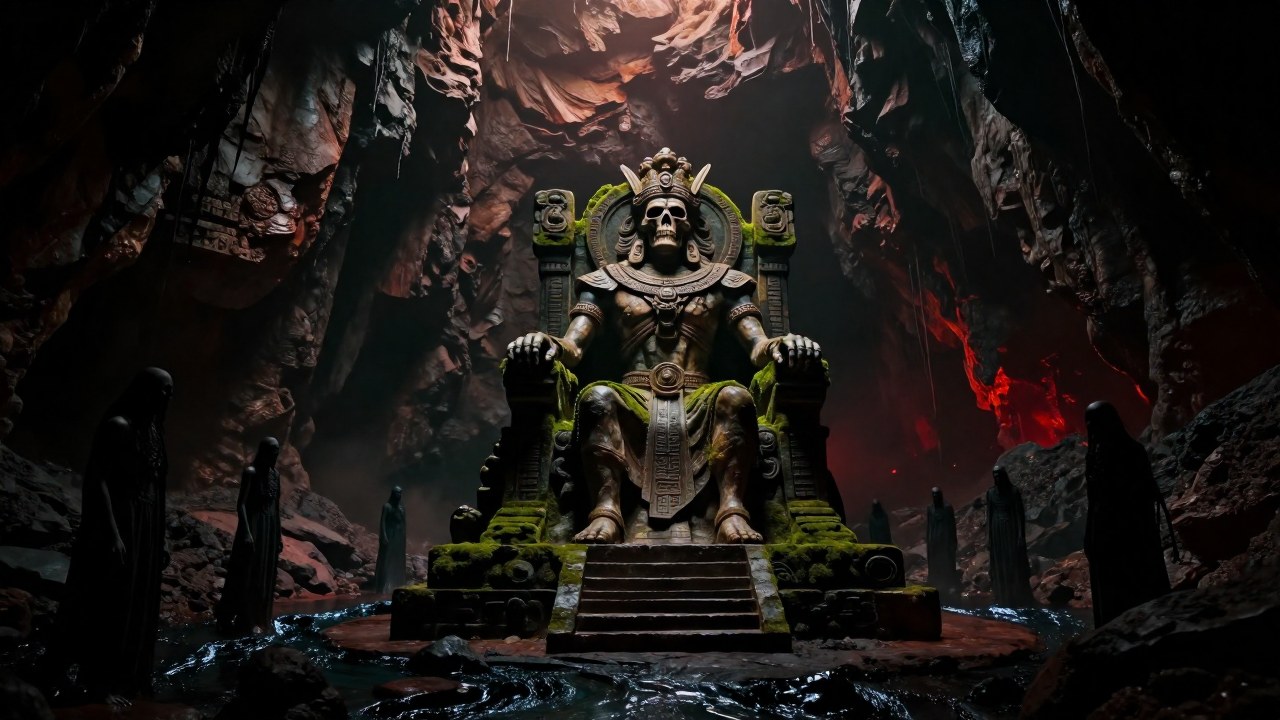 La deidad Mictlantecuhtli está sentada en un trono dentro de la cavernosa y subterránea caverna de Mictlán.