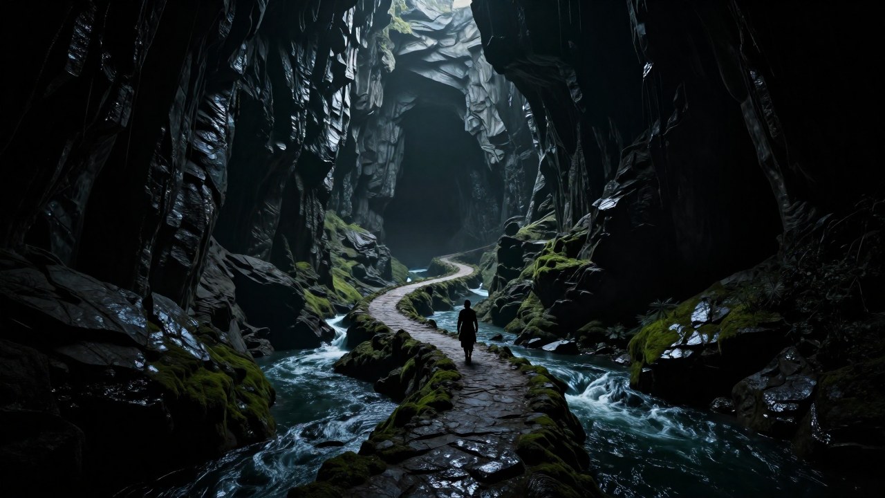 Figura solitaria recorre un sendero peligroso en las cavernas del inframundo mitológico Mictlán.