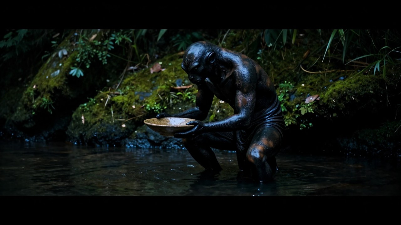Un ser humanoide acuático estilizado se encuentra en la orilla de un río japonés, cerca de un plato cerámico rústico.
