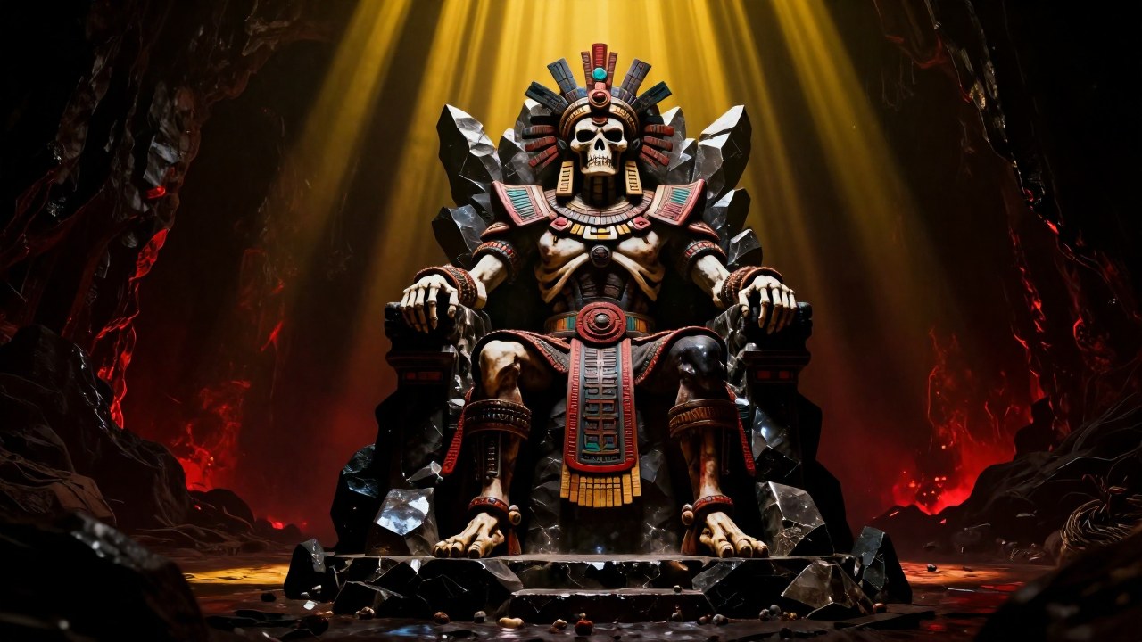 Mictlantecuhtli, el dios azteca del inframundo, preside su reino desde un trono de obsidiana.
