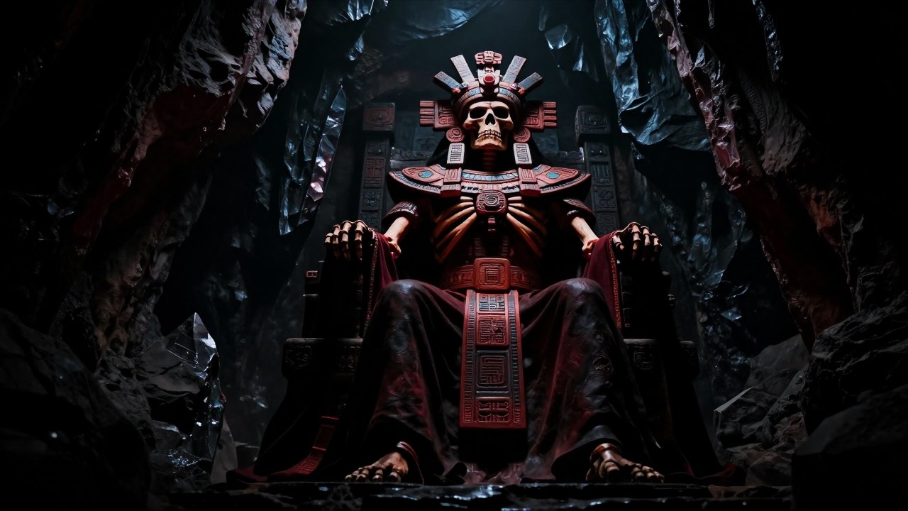 Mictlantecuhtli, dios esquelético del inframundo, preside en una caverna subterránea adornada con iconografía azteca.