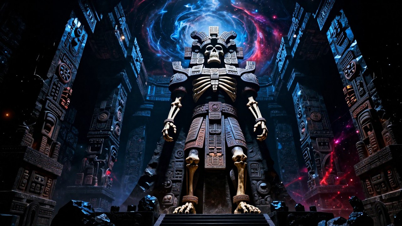 Mictlantecuhtli, el señor del inframundo, aparece en un vasto espacio cavernícola con energía cósmica.