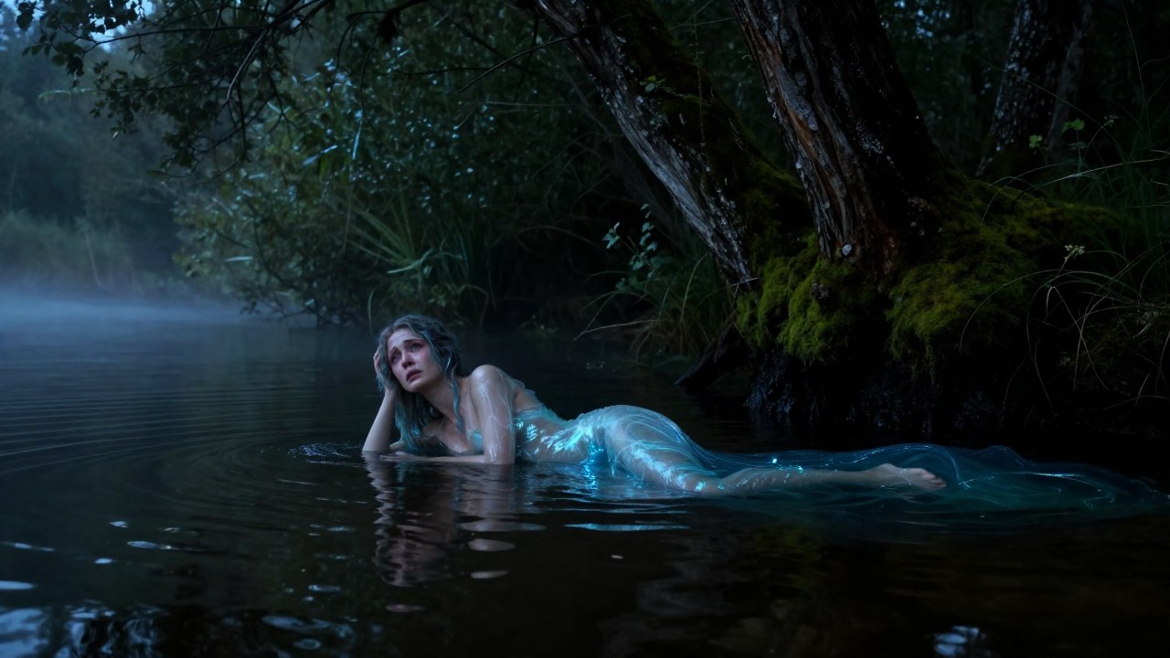 Mujer en transformación a espíritu de Rusalka en la orilla de un río brumoso.