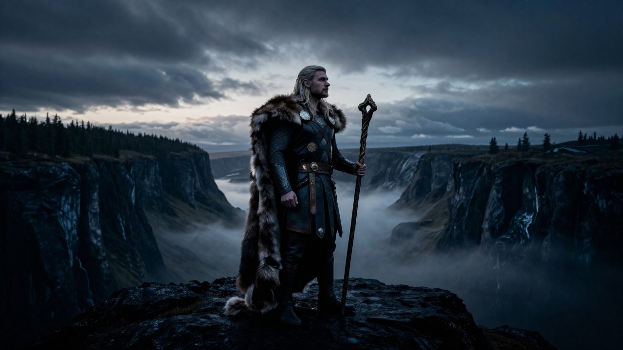 Odin, vestido con pieles, se encuentra en un paisaje nórdico contemplando un valle brumoso mientras sostiene un bastón simbólico.
