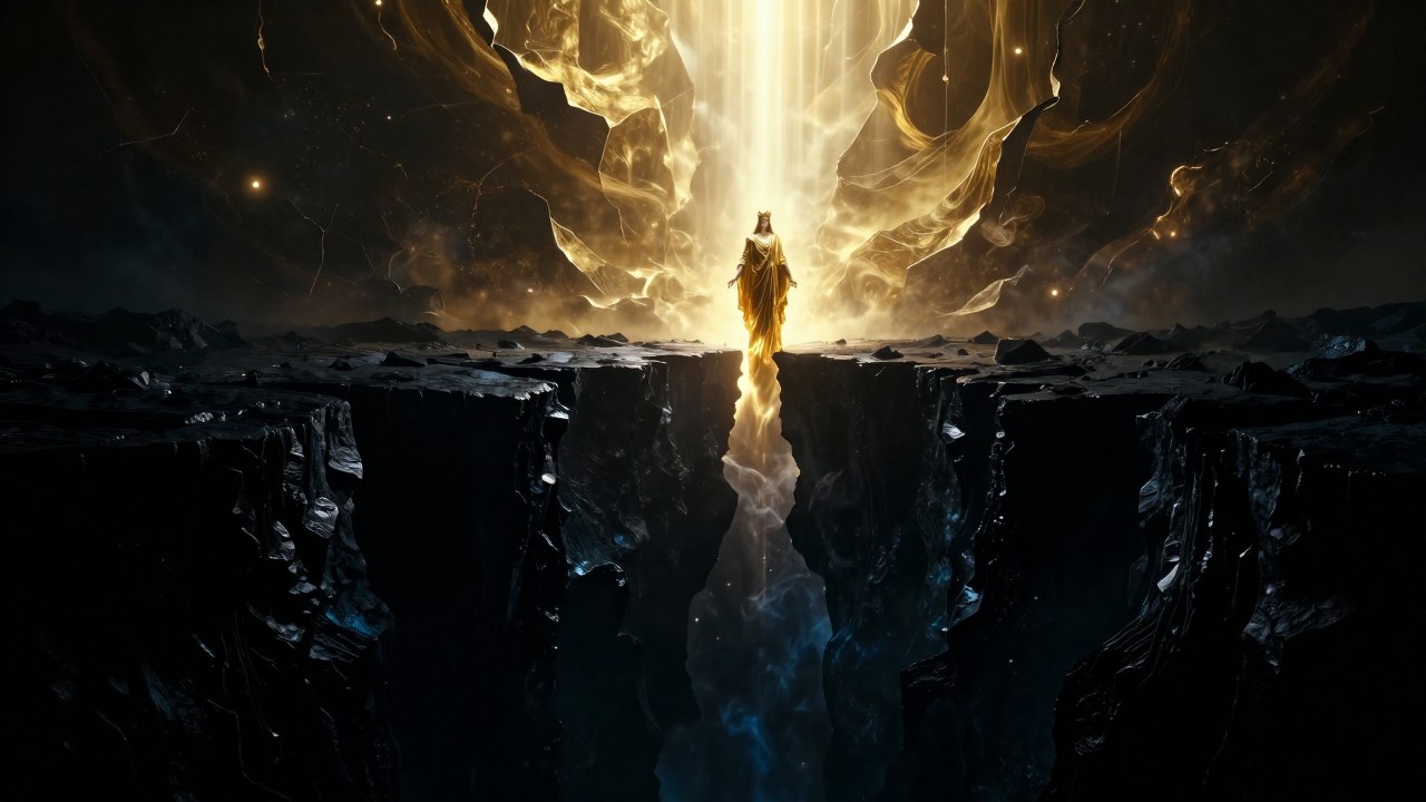 Figura en el borde de un abismo, simbolizando la tensión entre la luz divina y las fuerzas primordiales.