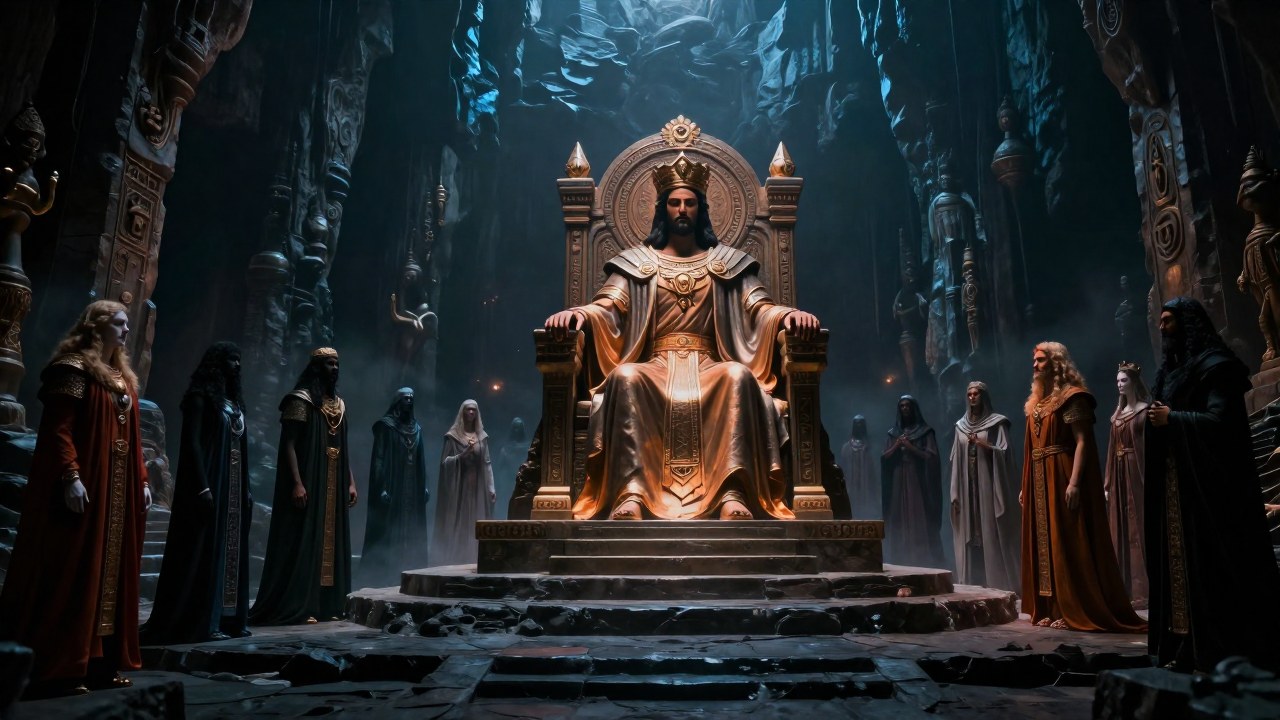 Una figura divina preside sobre un trono en un inframundo, juzgando a espíritus de diversas culturas.