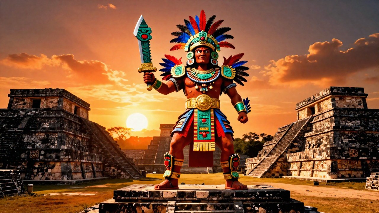 Huitzilopochtli, dios mexica guerrero, se alza en ruinas mesoamericanas al amanecer.