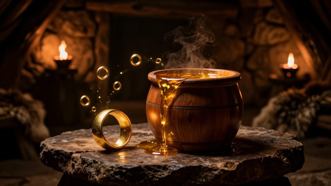 Barril desbordando hidromiel dorada y un anillo de oro multiplicándose en un interior nórdico.