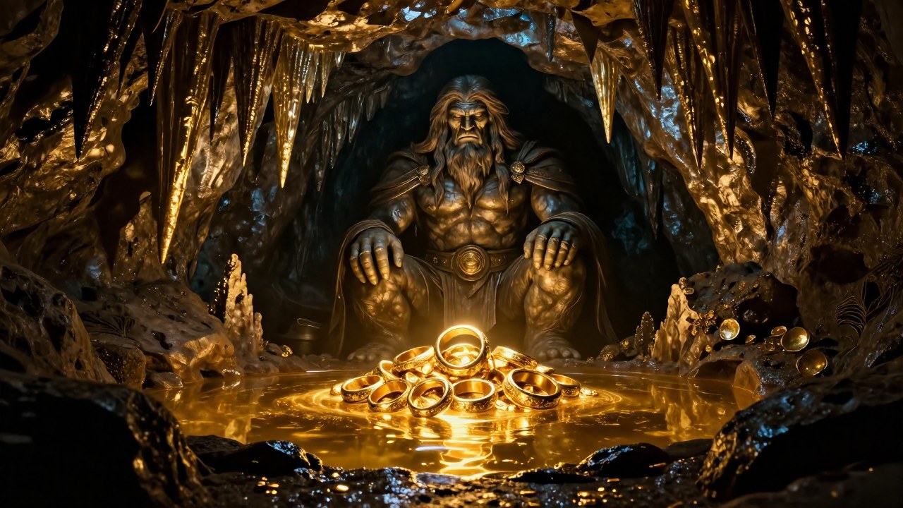Un gigante custodia un tesoro de oro y anillos en una cueva subterránea.
