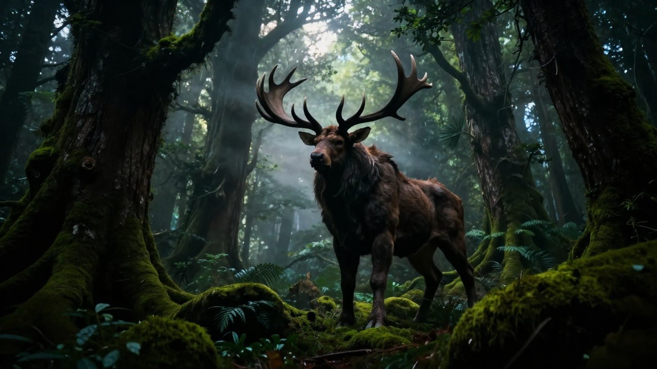 Animal majestuoso con grandes astas emerge de un denso y antiguo bosque brumoso.
