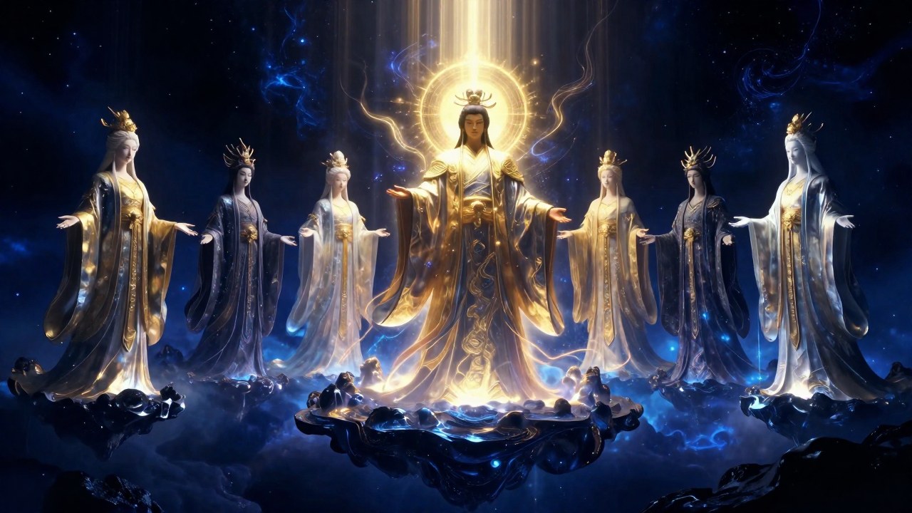Izanagi, la deidad japonesa, rodeado de sus descendientes divinos en un vasto reino cósmico.