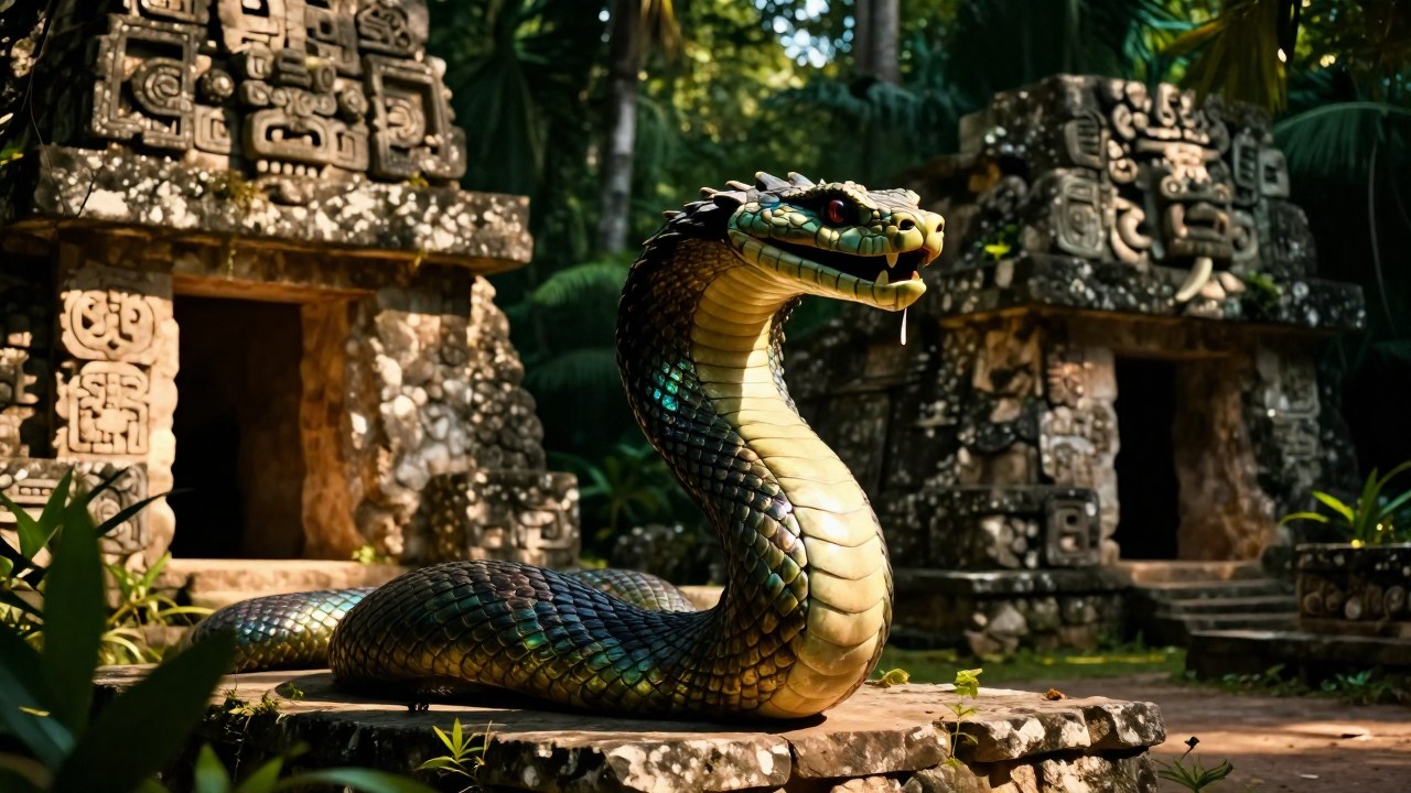 Serpiente mitológica Xiuhcóatl con escamas iridiscentes se enrosca entre las ruinas de un templo prehispánico.
