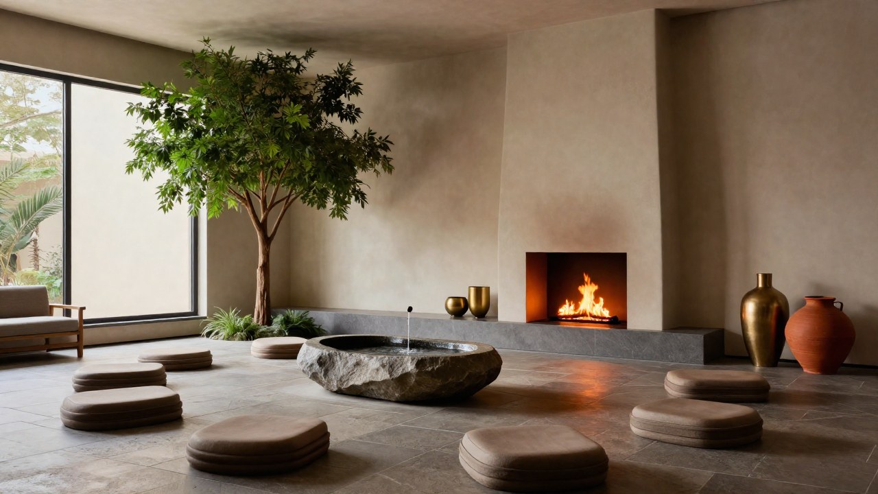 Interior de meditación contemporáneo que armoniza los cinco elementos del Feng Shui con materiales naturales.