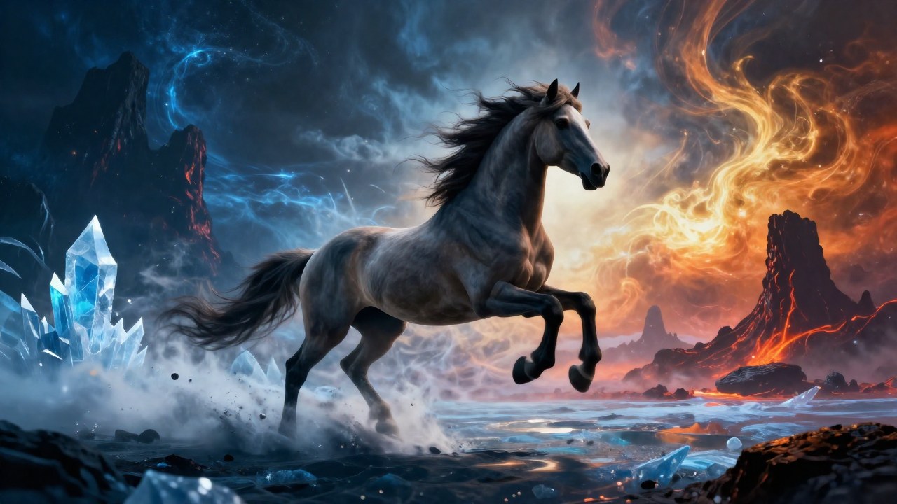Sleipnir, el caballo mítico de ocho patas, galopa a través de un vasto paisaje de nexos elementales.