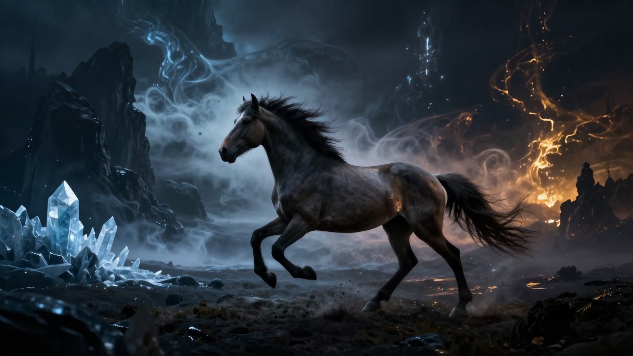 Caballo mítico Sleipnir cabalga en un paisaje de convergencia de reinos y elementos.