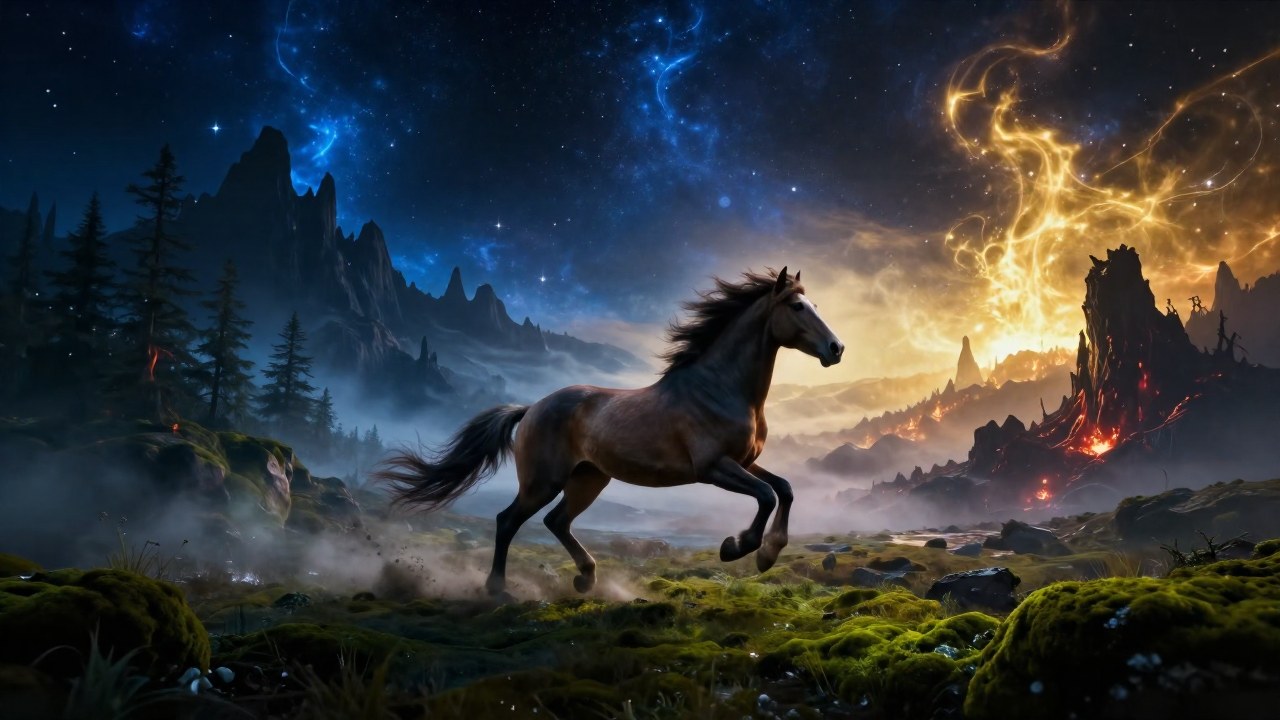 Sleipnir, el caballo de ocho patas, galopa a través de un vasto panorama de los Nueve Reinos nórdicos.
