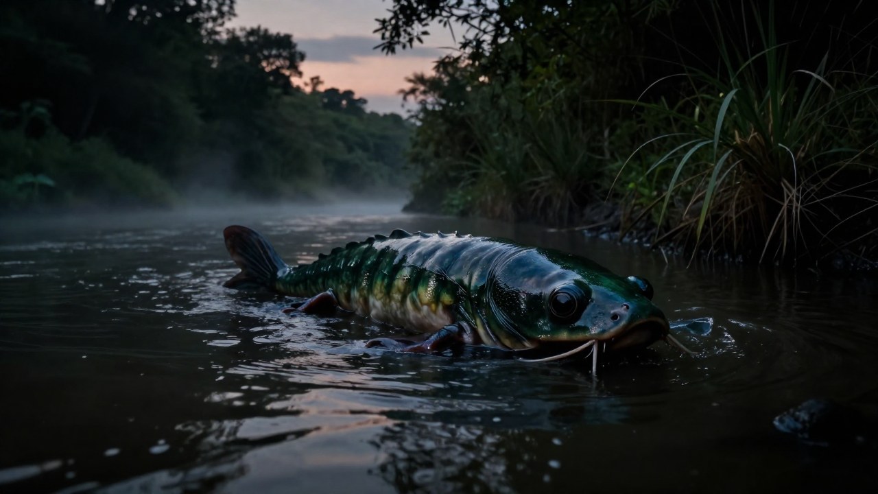 Criatura Kappa emergiendo de un río oscuro y neblinoso al borde de la orilla.