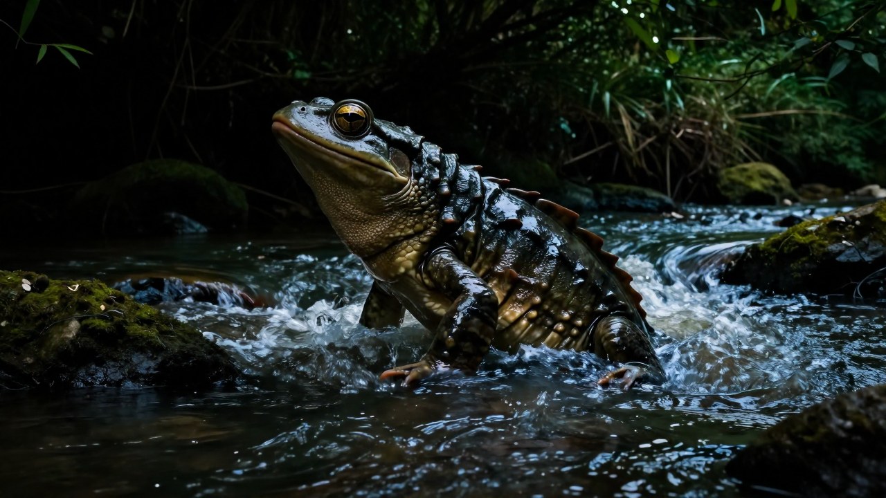 Gran criatura anfibia mitológica emerge de las profundidades de un río.