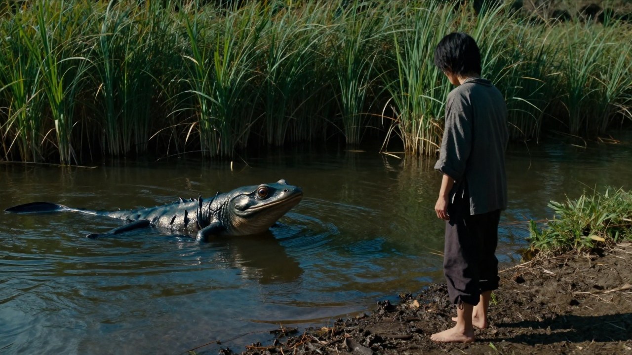 Un ser humano y una criatura Kappa mitológica mantienen una interacción tensa en la orilla de un río.