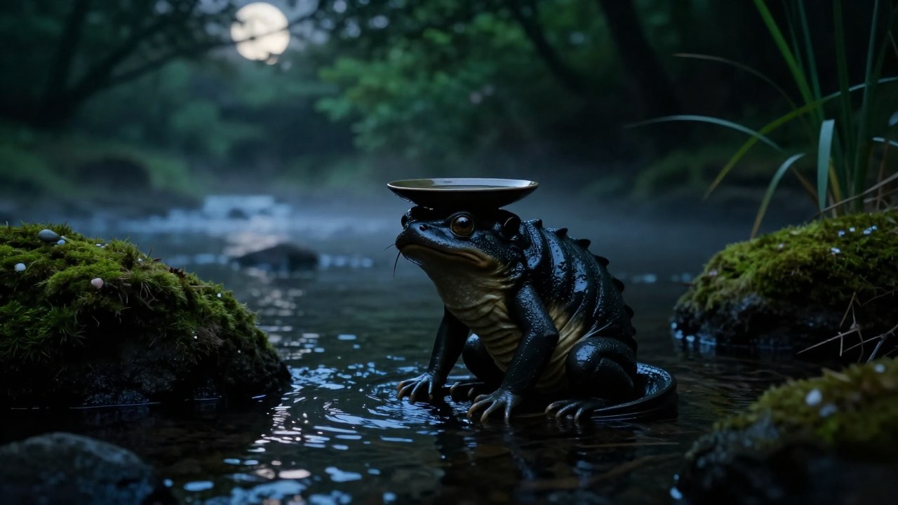 Kappa mitológico emergiendo de una ribera brumosa, destacando el plato de agua en su cabeza.