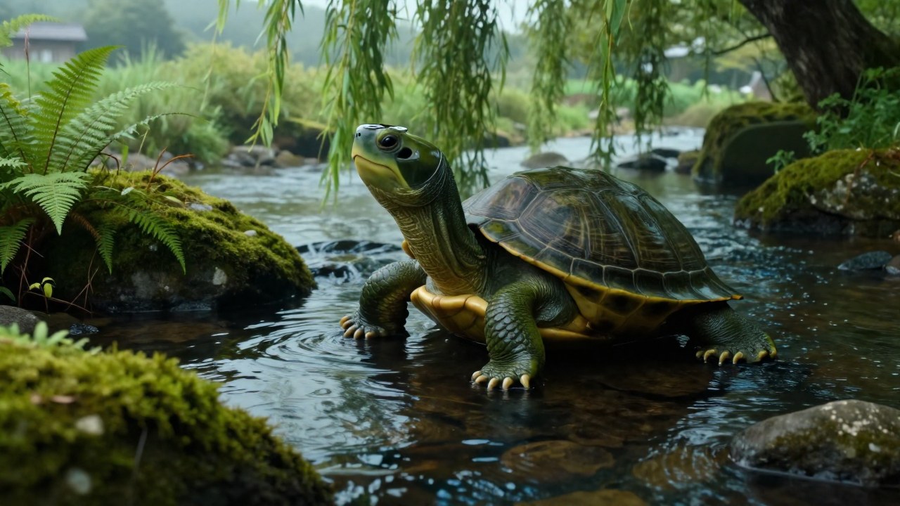 Un Kappa, criatura mitológica japonesa, parcialmente sumergido en un río cristalino en el campo.