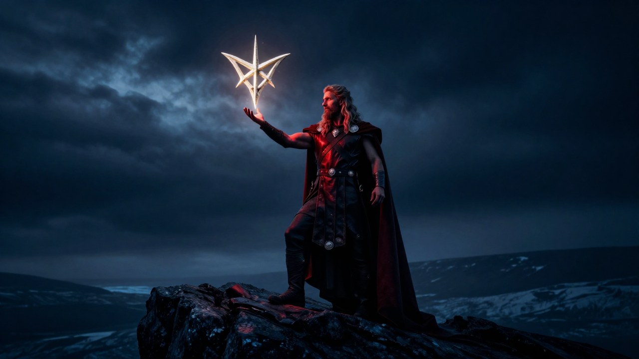 Figura nórdica en paisaje glacial interactuando con el símbolo Valknut que flota sobre su mano.