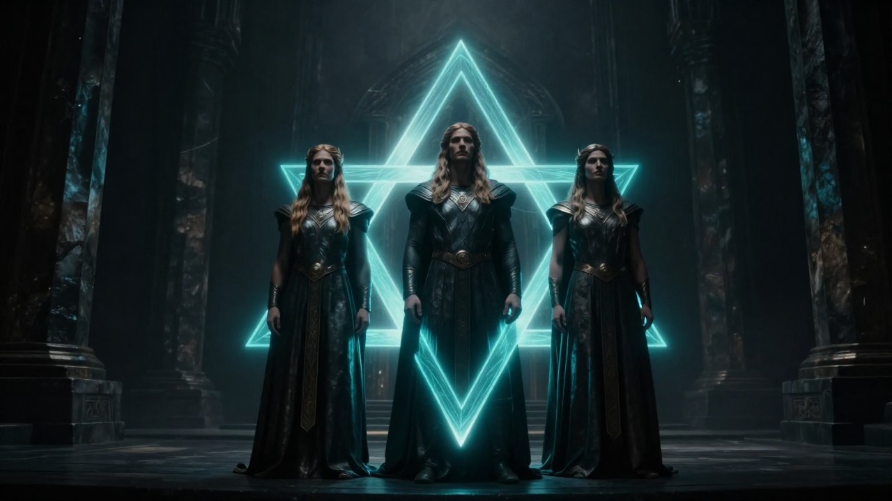 Tres figuras de dioses nórdicos, vestidas de manera monumental, están unidas por un patrón geométrico brillante.
