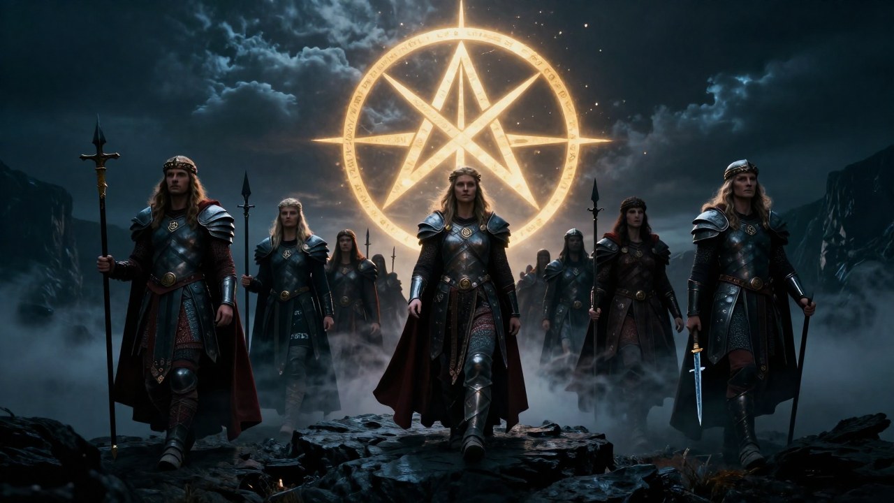 Valkirias guían a los dioses a través de un páramo brumoso bajo un sigilo celestial del Valknut.
