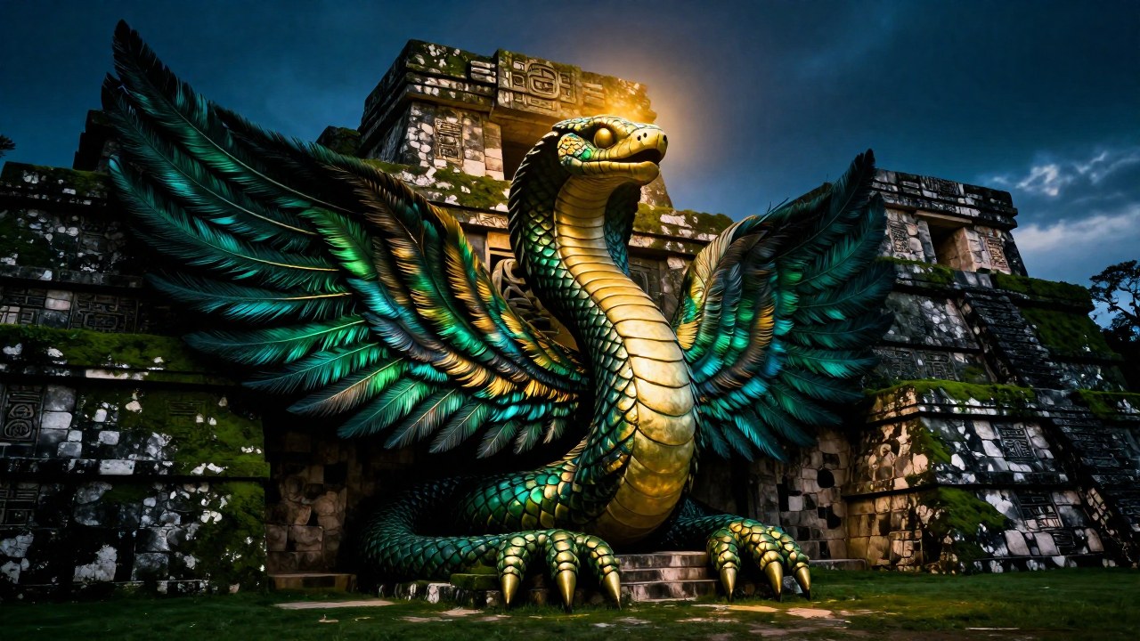 Serpiente emplumada monumental ascendiendo sobre la arquitectura de piedra mesoamericana antigua.