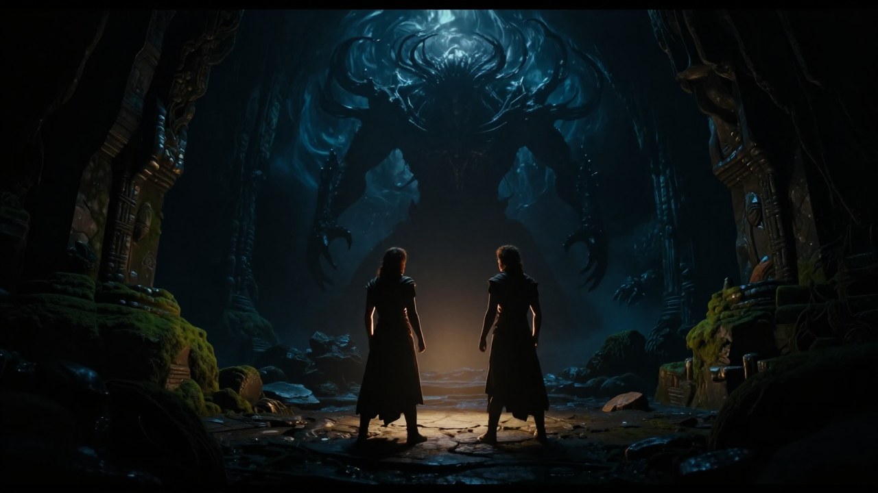 Dos héroes gemelos enfrentan una entidad primordial de sombras en un vasto reino subterráneo.