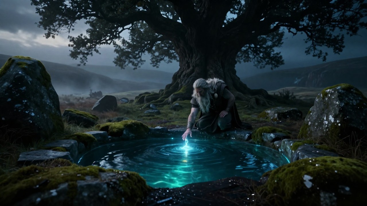Odín, figura anciana, se arrodilla junto a un pozo de Mímir en un paisaje nórdico brumoso.