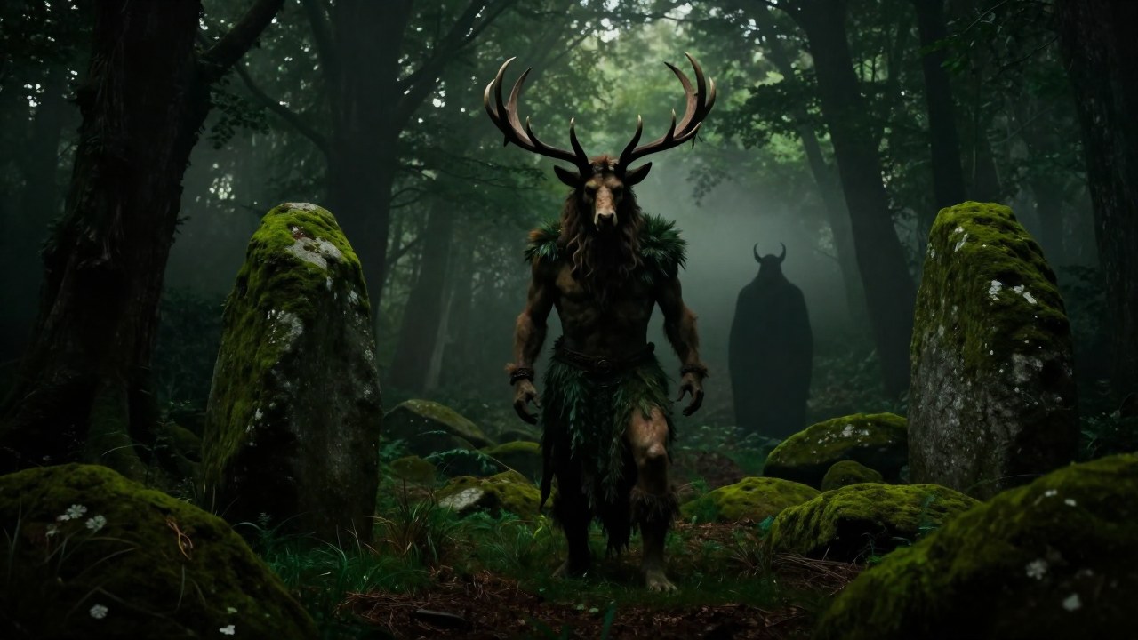 Figura de deidad celta con astas en un bosque, contrastando con la silueta sombría del Diablo.