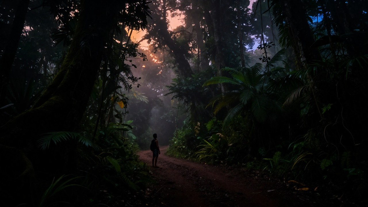 Figura solitaria en un bosque nuboso observando la densa y misteriosa selva de Costa Rica.