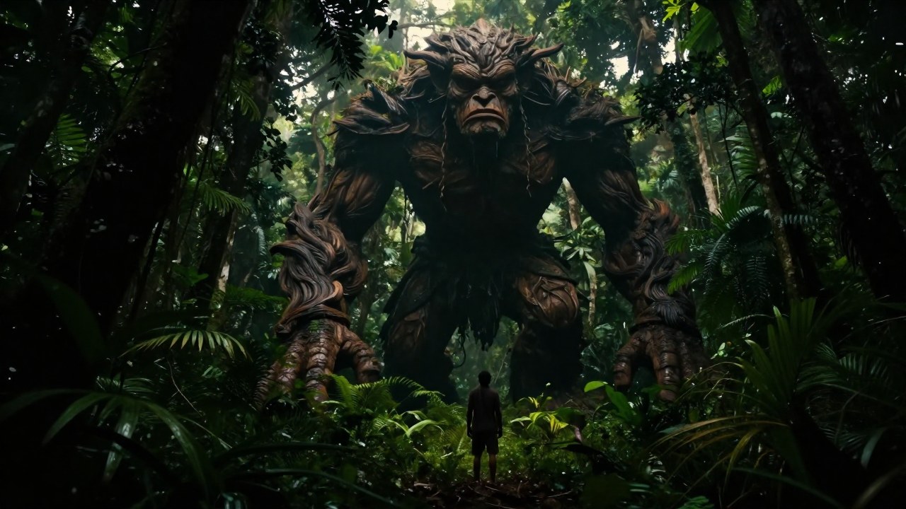 Una criatura mitológica masiva domina a una figura humana solitaria en la selva densa.