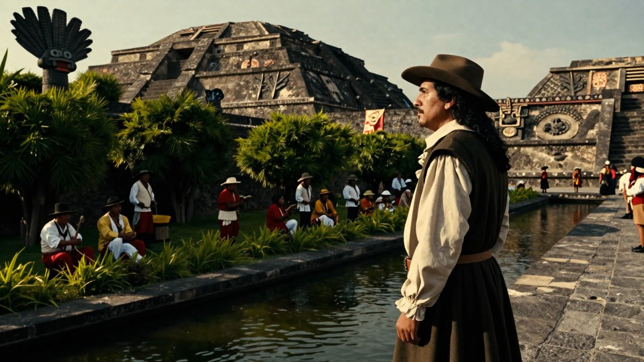 Explorador europeo en un canal observa la vida cotidiana de la comunidad azteca dentro de Tenochtitlán.