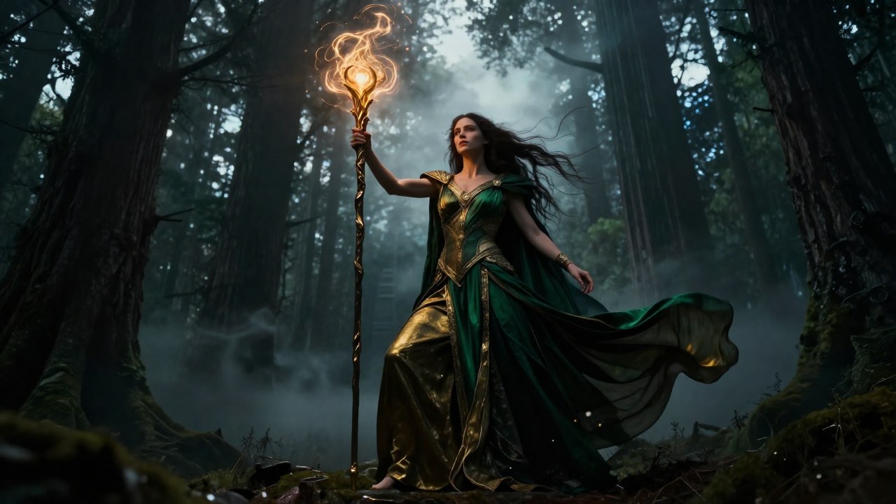 Mujer de poder mítico en bosque brumoso, simbolizando el contraste entre la fuerza natural y el dogma.