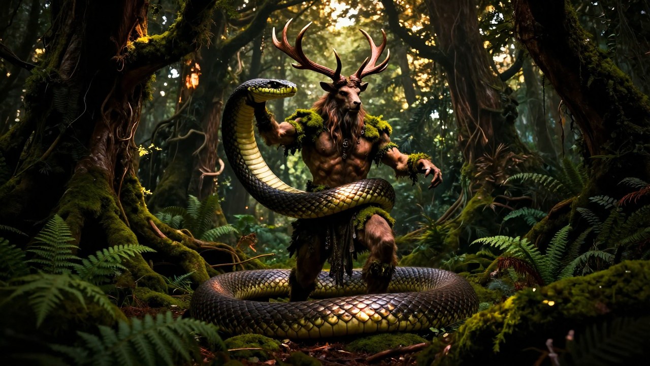 Figura poderosa con astas interactuando con una serpiente enrollada en un bosque antiguo.