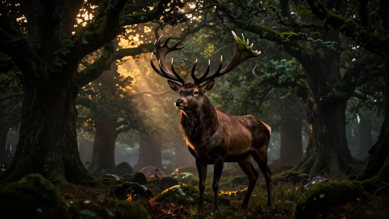 Un ciervo antiguo de astas enormes y cubiertas de musgo se yergue majestuosamente en un denso bosque celta.