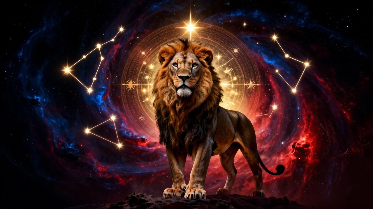 León majestuoso y poderoso emergiendo de un vórtice cósmico de estrellas y luz.
